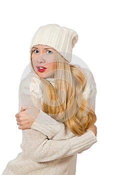 The woman wearing warm clothing on white