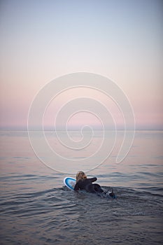 Woman Wearing Wetsuit Paddling Floating Surfboard Out Onto Calm  Sea