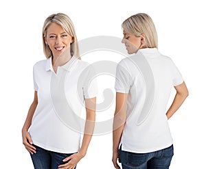 Woman wearing white polo shirt