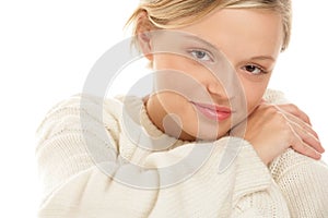 Woman wearing woolly sweater