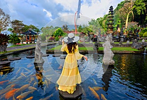 Woman wearing yellow dresses to feed koi fish in Taman Tirtagangga temple on Bali,Indonesia