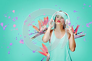 A woman wears headphones, surrounded by vibrant splashes of paint and bird of paradise flowers, evoking a sense of dynamic music