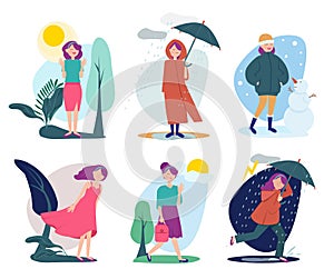 Woman weather. Seasonal people walking with umbrella summer cold rainy shiny windy outdoor vector person