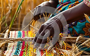 A woman is weaving a basket with wheat