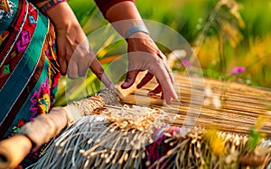 A woman is weaving a woven basket