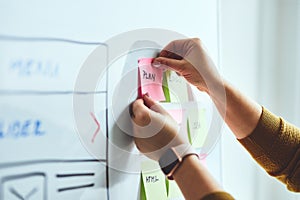 Woman web designer planning website ux app development on whiteboard