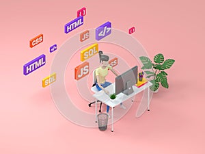 Woman web developer working on freelance. Isometric illustration icon with web development for concept design. 3d render