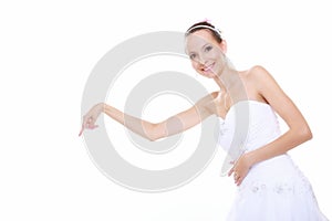 Woman in wedding dress choosing picking up isolated