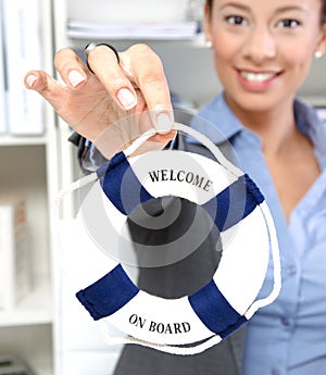 Woman with - Welcome to company lifebuoy