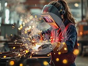 Woman welder with a protective mask at the workplace