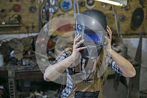 woman with welding mask