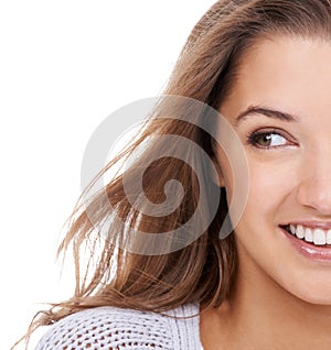 Woman, wellness and cosmetics in studio, smiling and confidence for haircare on white background. Happy female person