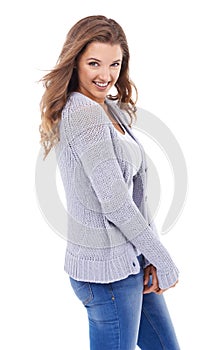 Woman, wellness and fashion in studio portrait, smiling and confidence for casual outfit on white background. Female