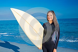 Woman in wetsuit with a surfboard on a sunny day