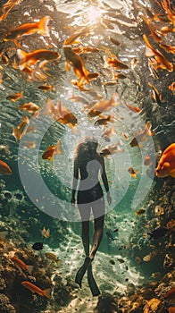 A woman in a wetsuit swimming through an ocean of fish, AI