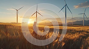 Woman in wheat field at sunset with wind turbines in background