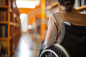 Woman in wheelchair with blurry college or university library in background