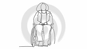 Woman in a wheelchair one line drawing animation. Video clip with alpha channel.