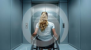 A woman in a wheelchair is sitting in an elevator