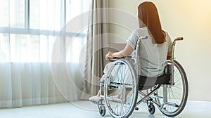 A woman in a wheelchair is sitting in front of a window with a laptop