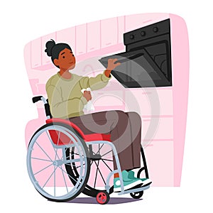 Woman In A Wheelchair Skillfully Prepares A Meal In The Kitchen. Female Character Confidently Using The Oven