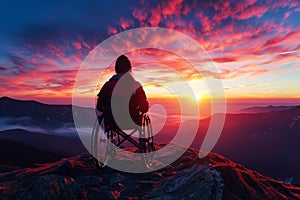 Woman in a wheelchair on top of a mountain. Disability concept. Generative AI.