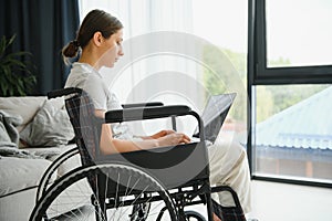 woman in a wheelchair works on the laptop PC in the home office with an assistance dog as a companion
