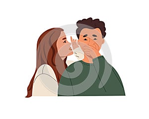 Woman whispering gossip or secret rumors to man ear
