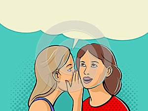 Woman whispering gossip or secret to her friend. Two talking friends.