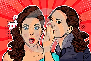 Woman whispering gossip or secret to her friend. Vector pop art illustration