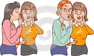 Woman whispering gossip, surprised, tells rumors to the other female character. Cotill secret woman flat vector