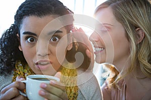 Woman whispering a secret into her friends ear while having coffee