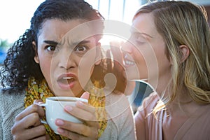 Woman whispering a secret into her friends ear while having coffee