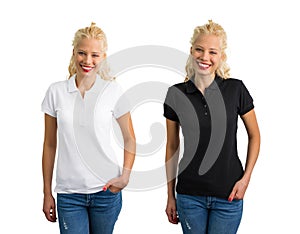 Woman in white and black polo shirt