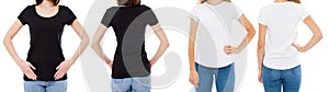 Woman In White And Black T Shirt Front And Rear Views Cropped image Blank T-shirt Options, Girl In Tshirt Set. Mock Up