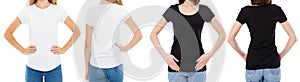 Woman In White And Black T Shirt Isolated Front And Rear Views Cropped image Blank T-shirt Options, Girl In Tshirt Set. Mock Up.