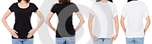 Woman In White And Black T Shirt Isolated Front And Rear Views Cropped image Blank T-shirt Options, Girl In Tshirt Set. Mock Up.