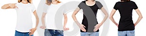 Woman In White And Black T Shirt Isolated Front And Rear Views Cropped image Blank T-shirt Options, Girl In Tshirt Set. Mock Up.