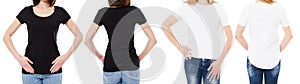 Woman In White And Black T Shirt Isolated Front And Rear Views Cropped image Blank T-shirt Options, Girl In Tshirt Set. Mock Up.