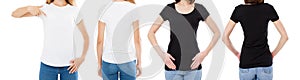 Woman In White And Black T Shirt Isolated Front And Rear Views Cropped image Blank T-shirt Options, Girl In Tshirt Set. Mock Up.