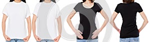 Woman In White And Black T Shirt Isolated Front And Rear Views Cropped image Blank T-shirt Options, Girl In Tshirt Set. Mock Up