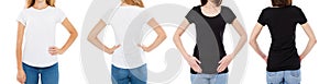 Woman In White And Black T Shirt Isolated Front And Rear Views Cropped image Blank T-shirt Options, Girl In Tshirt Set. Mock Up