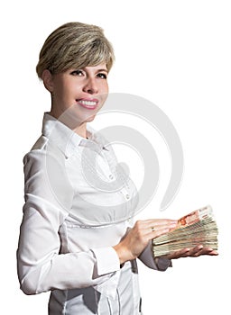 Woman in white blouse holding a wad of money