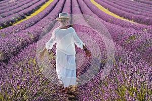 Woman with white clothes and hat walking in lavender violet field flowers. Female enjoy scenic travel destination. Outdoor leisure