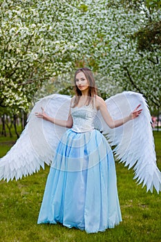 woman in a white corset and blue lush dress with large white angel wings behind her back