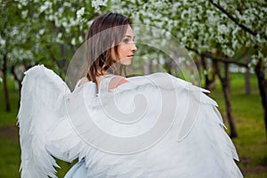 woman in a white corset and blue lush dress with large white angel wings behind her back