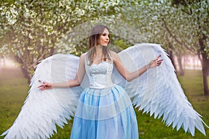 woman in a white corset and a blue puffy dress with large white angel wings behind her back