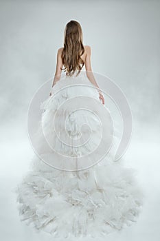 Woman in White Dress Back View, Fashion Model in Long Gown, Bride Beauty Studio Wedding Shot