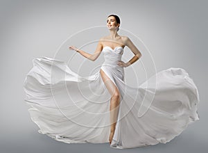 Woman White Dress, Fashion Model Bride in Long Silk Wedding Gown