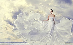 Woman White Dress, Fashion Model in Long Silk Fluttering Gown, Waving Flying Cloth on Wind